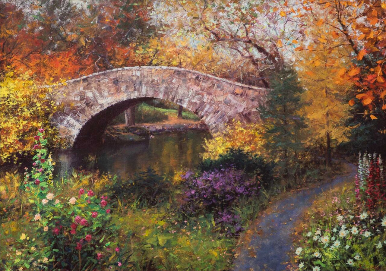 First Kiss, a 30x40 oil painting by Bill Inman showing a stone bridge with colorful fall trees