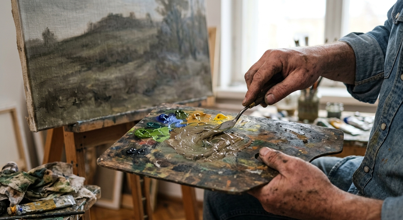 Frustrated painter mixing muddy colors on a palette